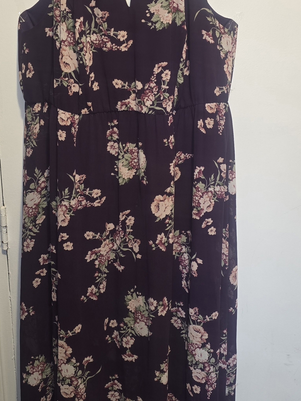 Floral Cold-Shoulder Maxi Dress in Plum with Pink & Green Accents
